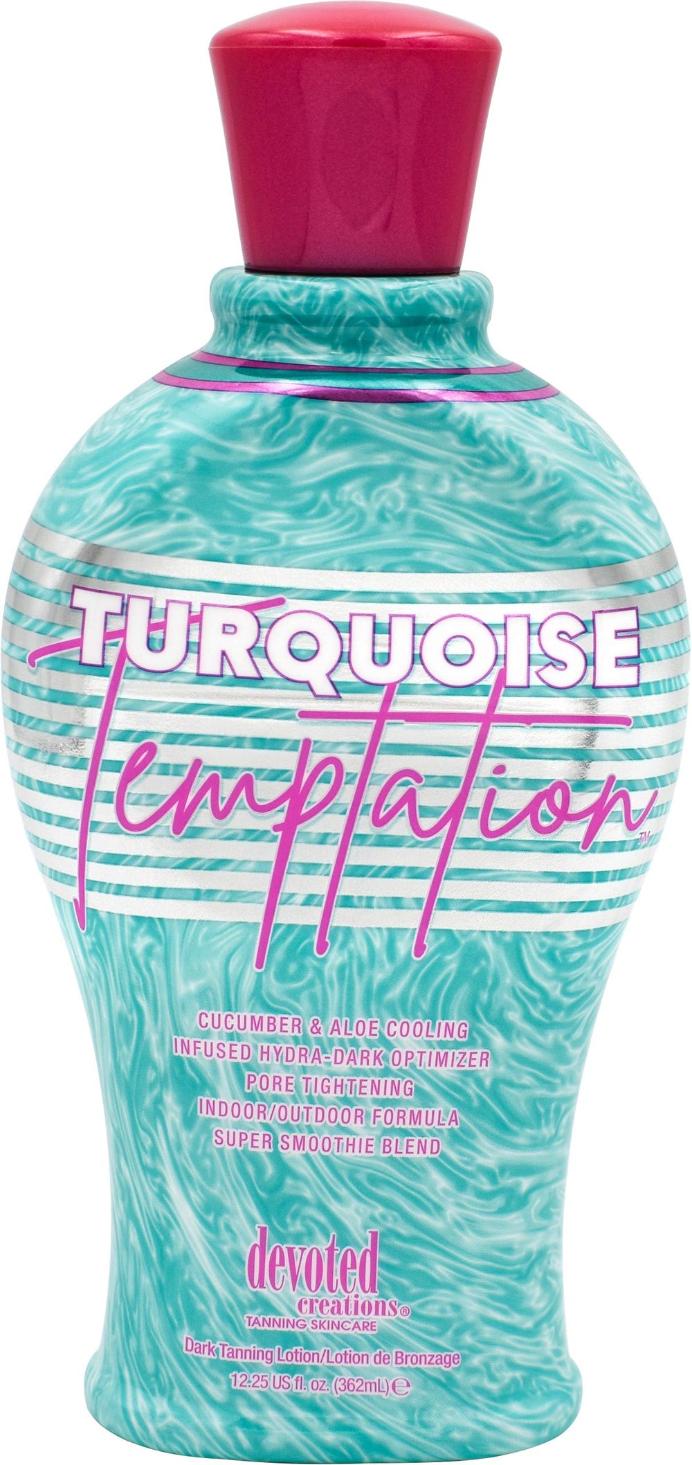 Devoted Creations Turquoise Temptation bottle closeup highlighting cooling hydration for a smoother tan.