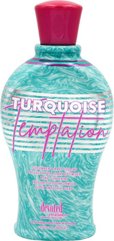 Devoted Creations Turquoise Temptation bottle closeup highlighting cooling hydration for a smoother tan.