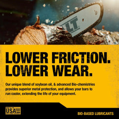 DEWALT bar and chain oil container emphasizes ultraclean formulation for all-season performance.