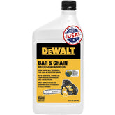 DEWALT biodegradable bar and chain oil bottle highlights eco-friendly formula for safer outdoor maintenance.