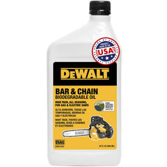 DEWALT biodegradable bar and chain oil bottle highlights eco-friendly formula for safer outdoor maintenance.