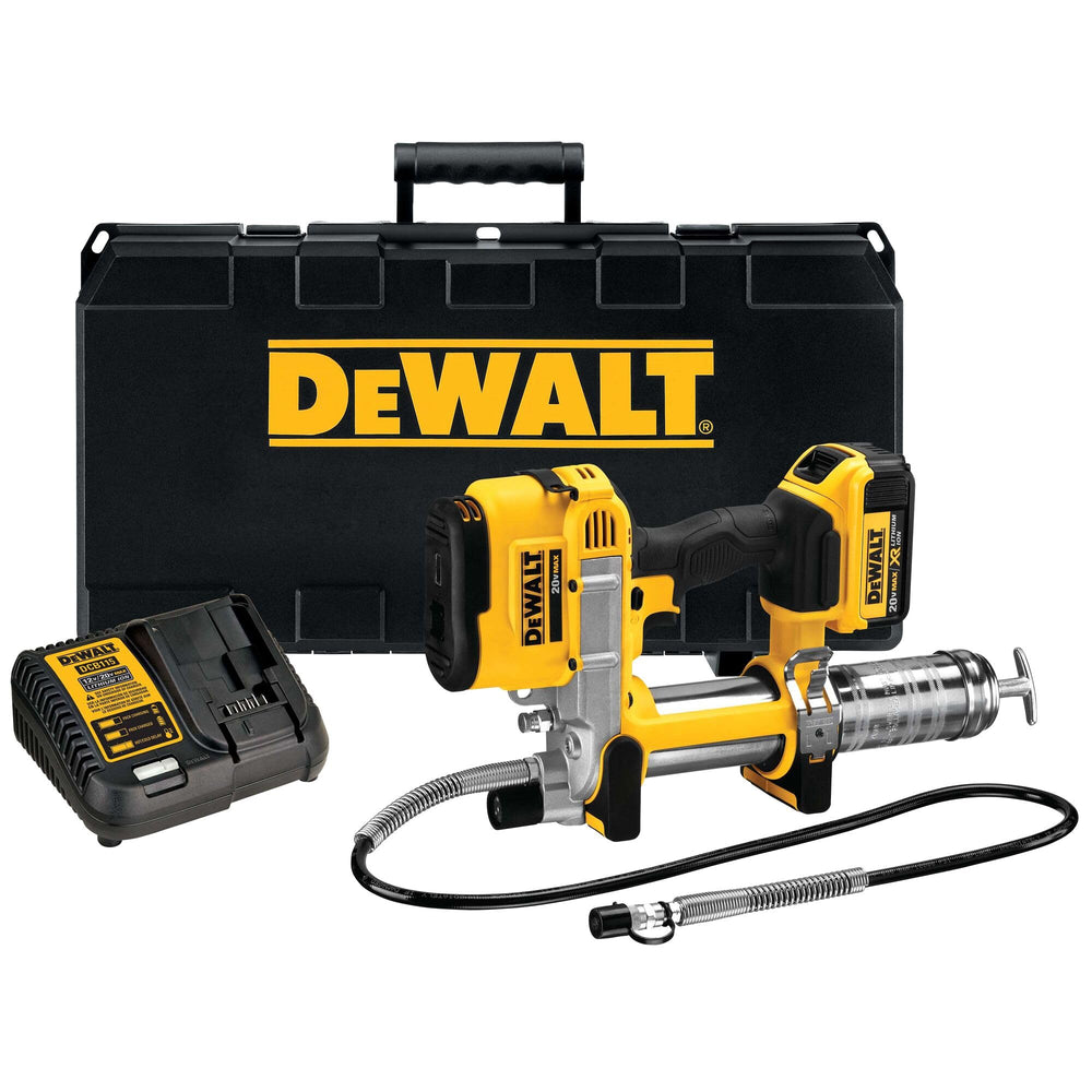 DEWALT grease gun kit with 42-inch hose for hard-to-reach fittings and improved reach.