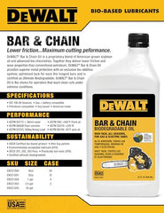 DEWALT green eco-friendly oil label communicates soy-based content and responsible use near waterways.