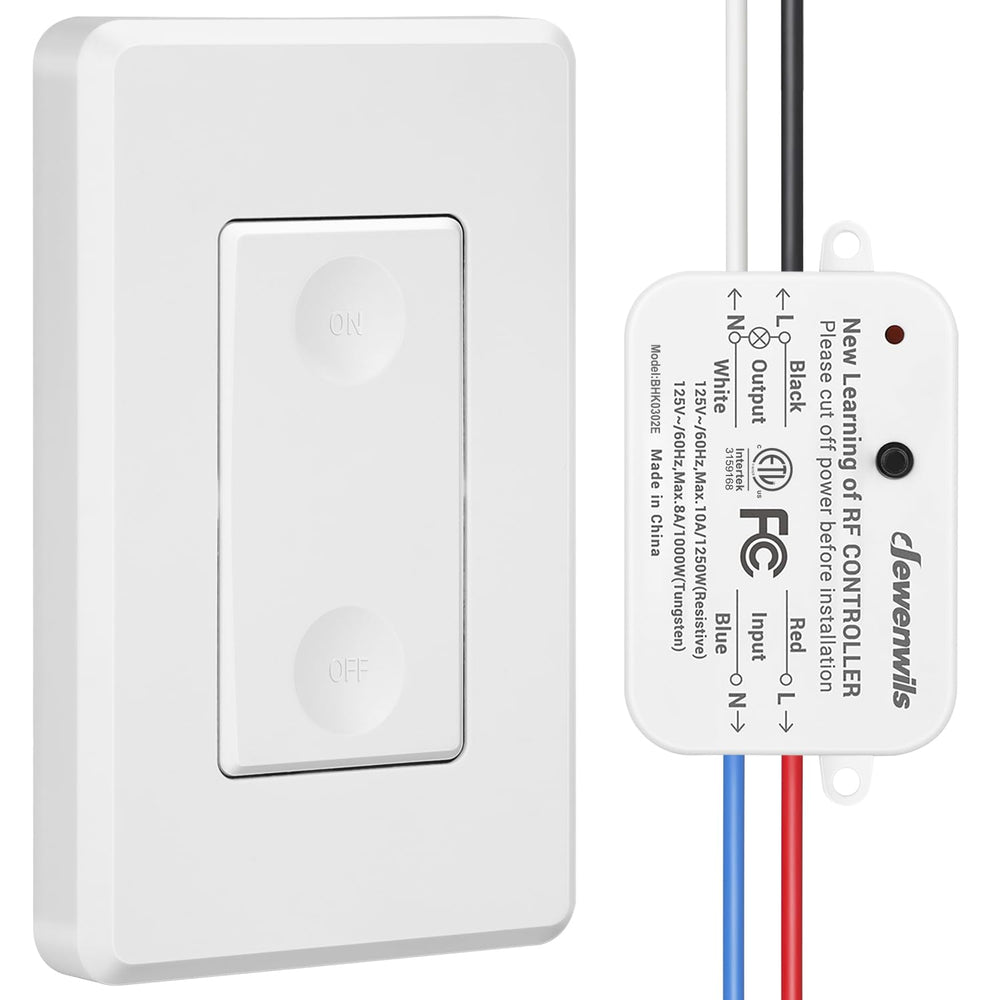 DEWENWILS wireless remote light switch installation view shows simple no-wiring setup.