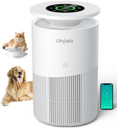 Dhyala air purifier with 360-degree intake for efficient whole-room cleaning.
