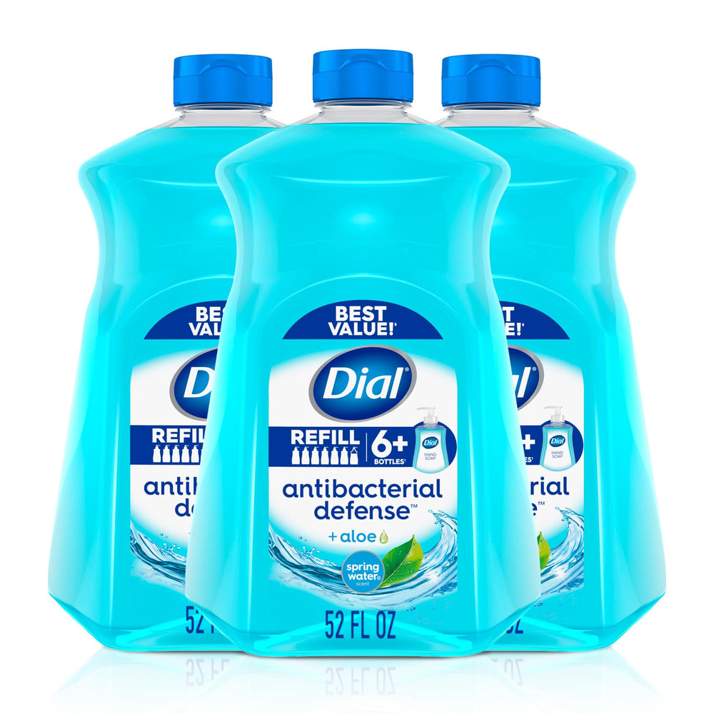Dial Antibacterial Defense bottle front with aloe for gentle cleansing.