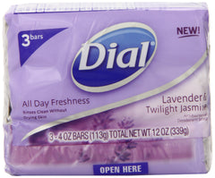 Dial antibacterial deodorant soap lavender twilight jasmine bar front view highlighting calming fragrance and hydration.