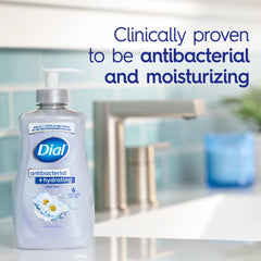 Dial Antibacterial Plus Hydrating Chamomile hand soap pump dispenser for quick washing.