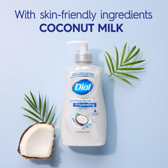 Dial antibacterial hand soap close-up highlights aloe and coconut milk ingredients