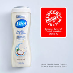 Dial Healthy Hydration vitamin E bottle foreground signals gentle moisturization.