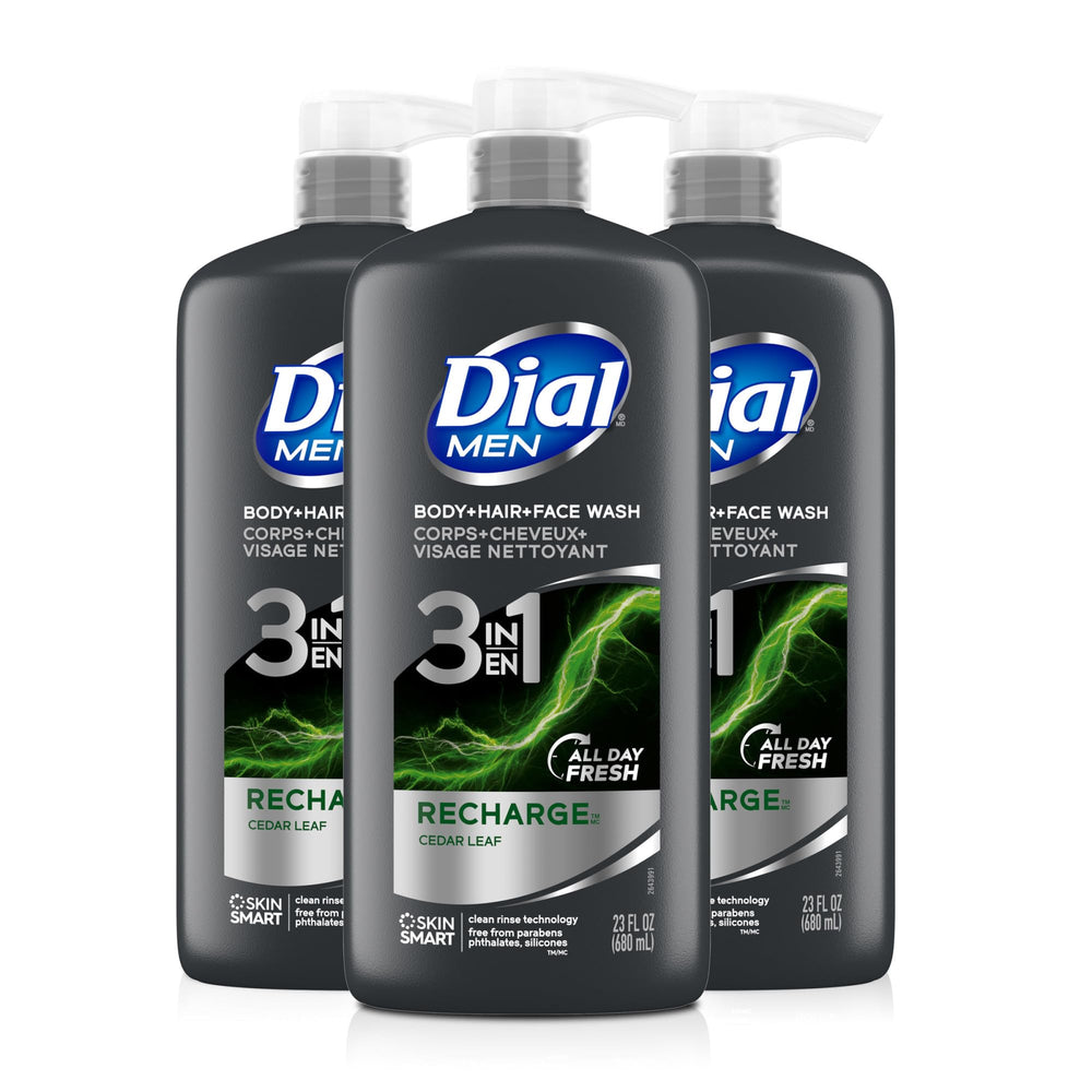 Dial Men 3in1 bottle pour for quick all-in-one cleansing.
