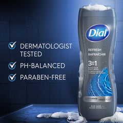 Dial Men 3-in-1 label detail—pH-balanced formula for daily use.
