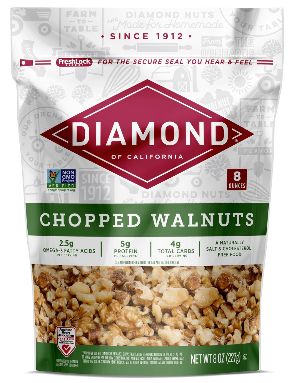 Diamond of California chopped walnuts 8oz packaging ideal for snacking