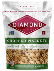 Diamond of California chopped walnuts 8oz packaging ideal for snacking