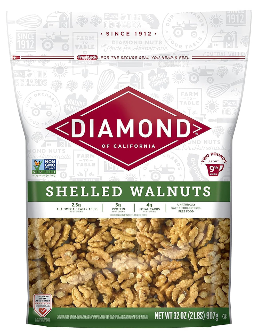 Diamond of California shelled walnut halves and pieces ready for baking, snacking, or topping salads.