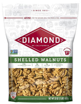 Diamond of California shelled walnut halves and pieces ready for baking, snacking, or topping salads.