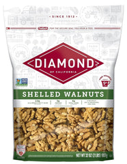 Diamond of California shelled walnut halves and pieces ready for baking, snacking, or topping salads.