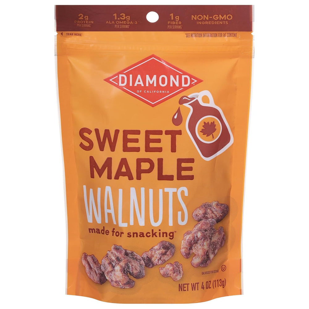 Diamond of California Sweet Maple Walnuts packfront—great for on-the-go snacking.