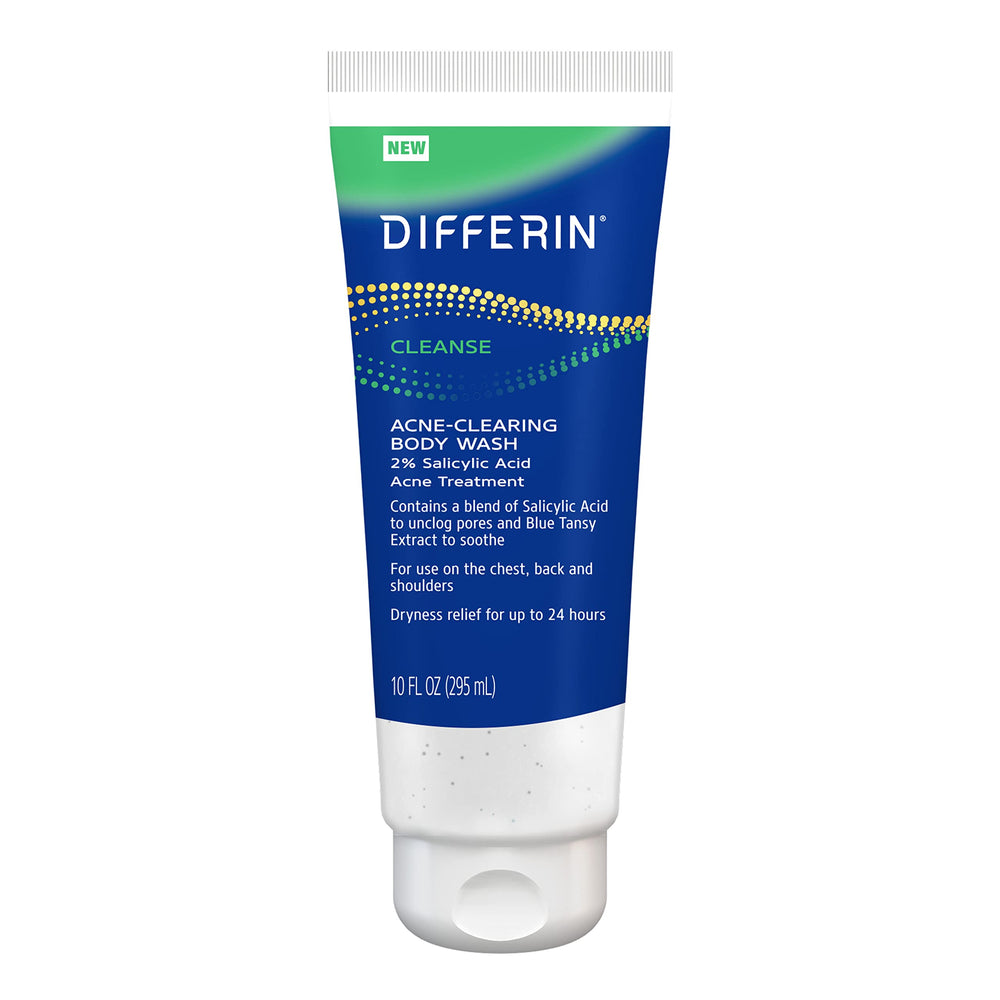 Differin Acne-Clearing Body Wash bottle pours a rich cream-to-lather for deep cleansing