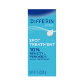Differin acne spot-treatment tube front targets pimples with 10% benzoyl peroxide.