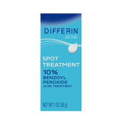 Differin acne spot-treatment tube front targets pimples with 10% benzoyl peroxide.