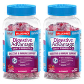 Digestive Advantage daily probiotic gummies bottle shows colorful fruit chews for digestive support.