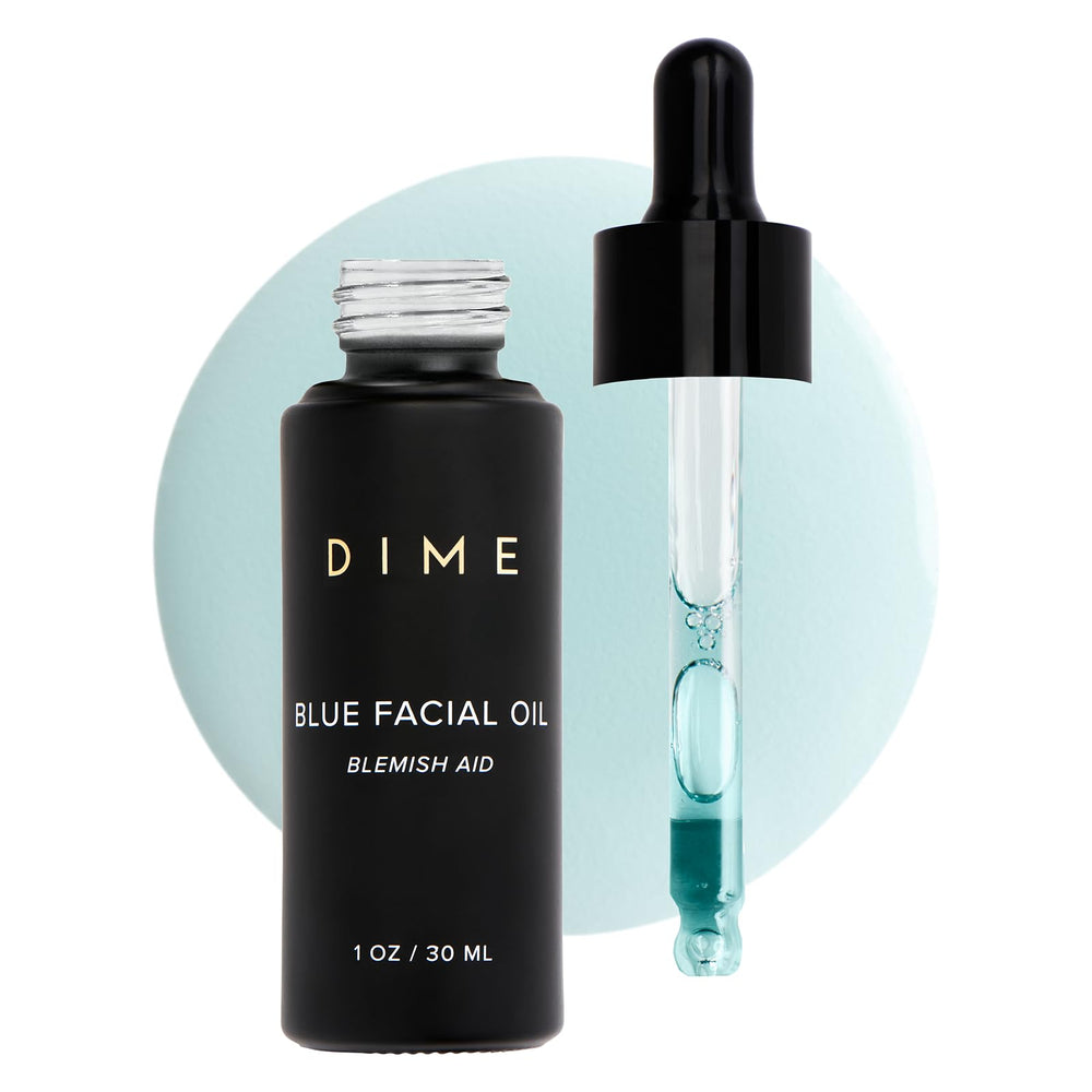 DIME Beauty Blue Facial Oil bottle shows nourishing blue tansy blend for hydration.
