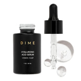 DIME Hyaluronic Acid Serum bottle close-up showing lightweight hydration for all skin types.