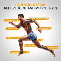 Dimora kinesiology tape applied to knee, supporting muscles during activity.