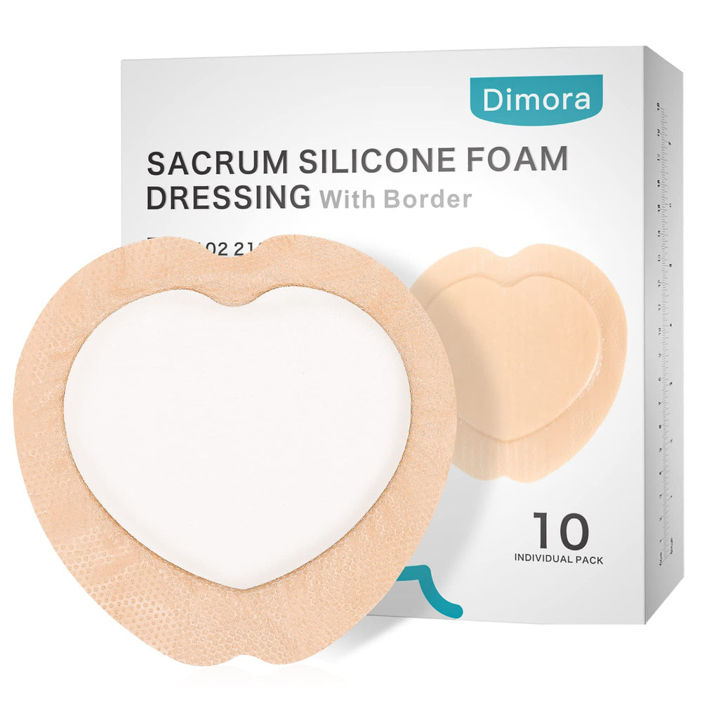 Dimora sacrum foam dressing 7x7 with silicone border absorbs drainage and protects the wound.