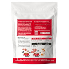 Dinovite dog probiotics label close-up highlights omega fatty acids for healthy skin and coat.