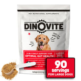 Dinovite probiotic dog supplement bottle highlighting gut health support.