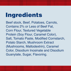 DINTY MOORE Beef Stew serving bowl image emphasizes large beef chunks.