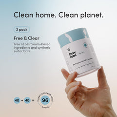 Dirty Labs bio-laundry-booster packaging showcases a 2-pack with 96 loads.