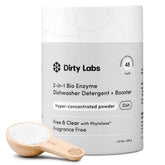 Dirty Labs dishwasher detergent bottle shown fragrance free for spotless results