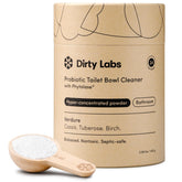 Dirty Labs probiotic toilet bowl powder pack demonstrates easy dosing for deep cleaning.