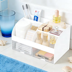 DIRZHX cosmetic storage on vanity top with transparent compartments for quick selection.
