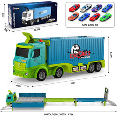 Diuerma dinosaur truck transport with eight race cars encourages cooperative play.