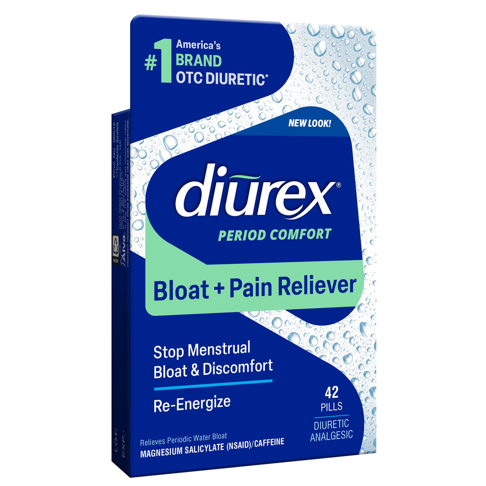 Diurex water pills bottle on the counter showing convenient relief options.