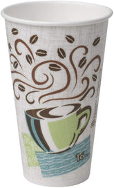 Dixie Perfectouch insulated hot cup with coffee haze design keeps drinks warm on the go.