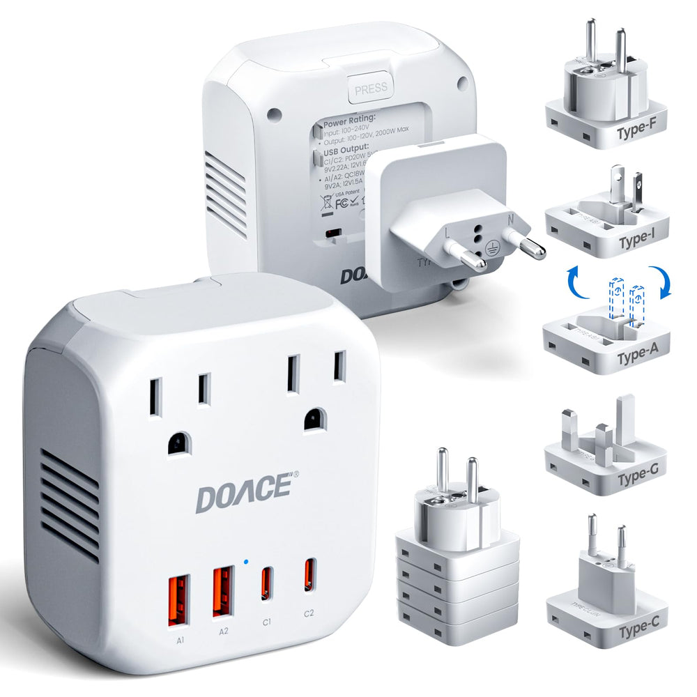 DOACE 2000W voltage converter front view for travel-ready power.