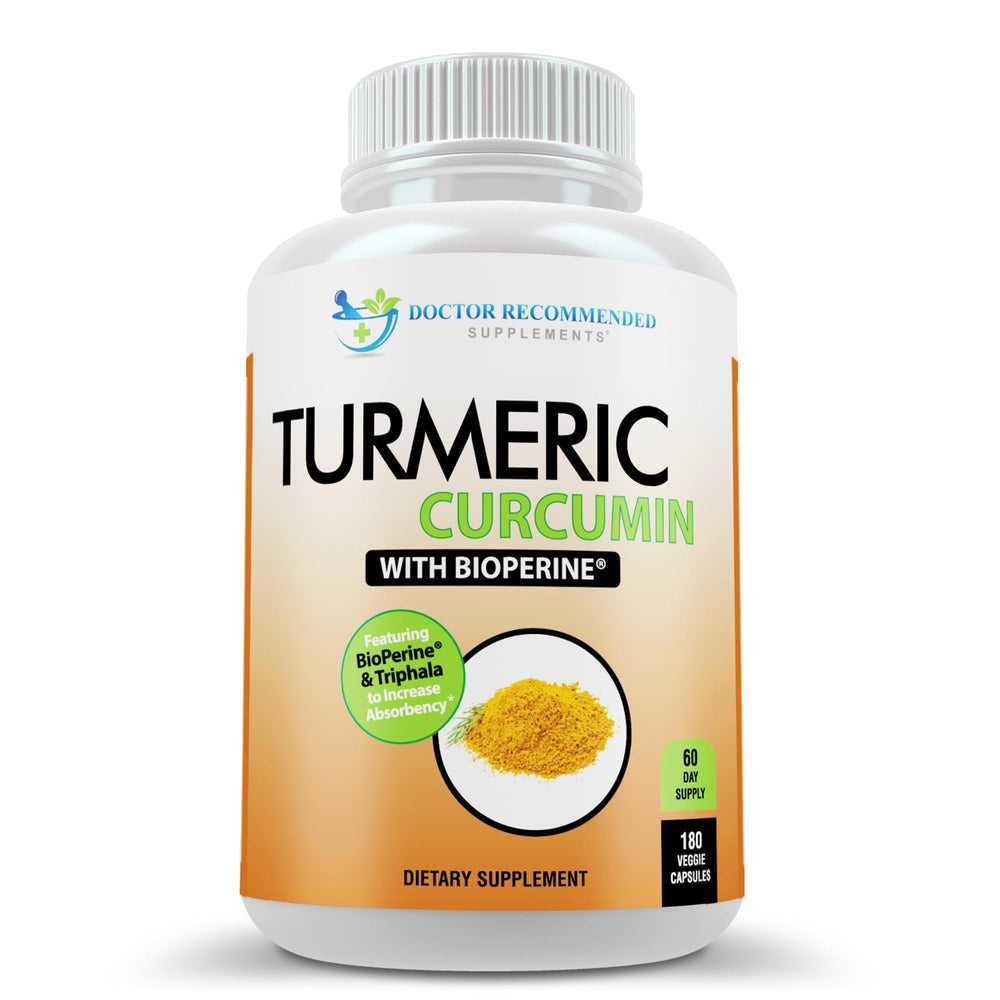 DOCTOR RECOMMENDED SUPPLEMENTS Turmeric bottle front shows organic turmeric formula.
