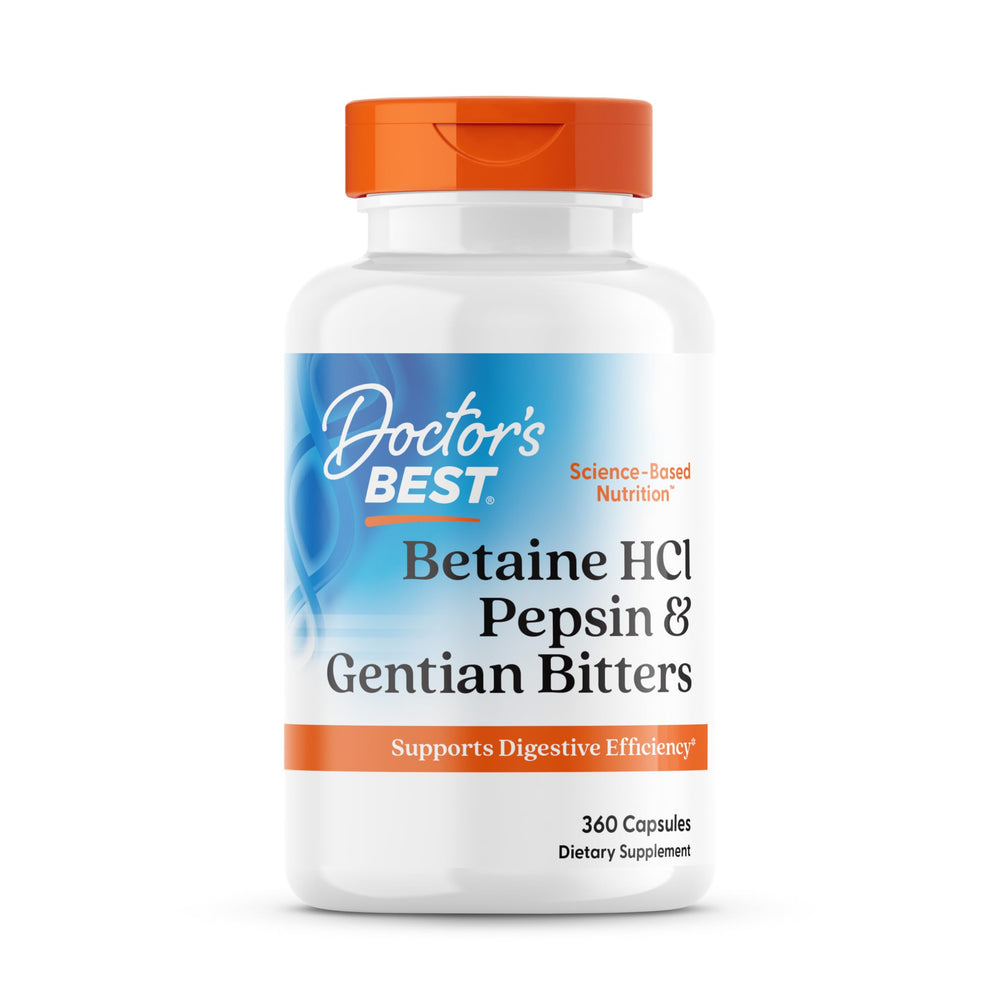 Doctor's Best Betaine HCl Pepsin bottle for protein digestion support after meals.
