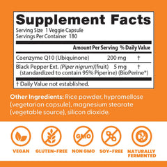 Bottle label shows BioPerine to support improved absorption of CoQ10.