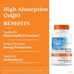 Close-up of Doctor's Best CoQ10 capsules highlighting vegan formula and easy daily use.