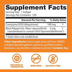 Doctor's Best CoQ10 softgels back label and capsules shown for product transparency.