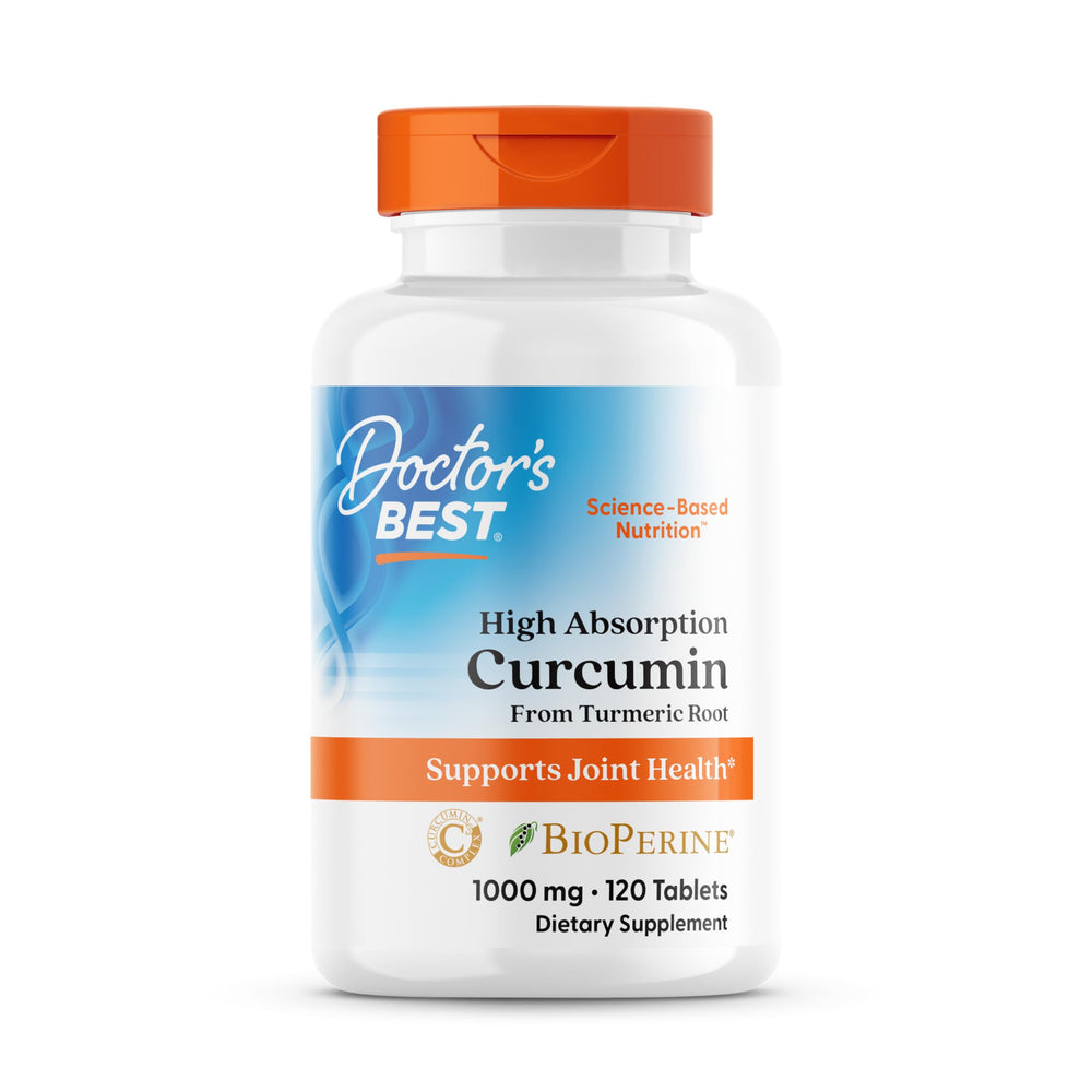 Doctors Best Curcumin C3 Complex with BioPerine bottle closeup showing absorption support