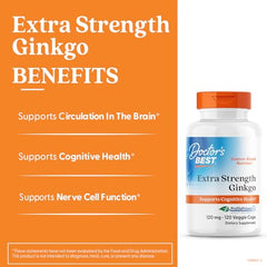 Doctor's Best Ginkgo Biloba capsules closeup highlights standardized extract with flavonoids for cognitive support.