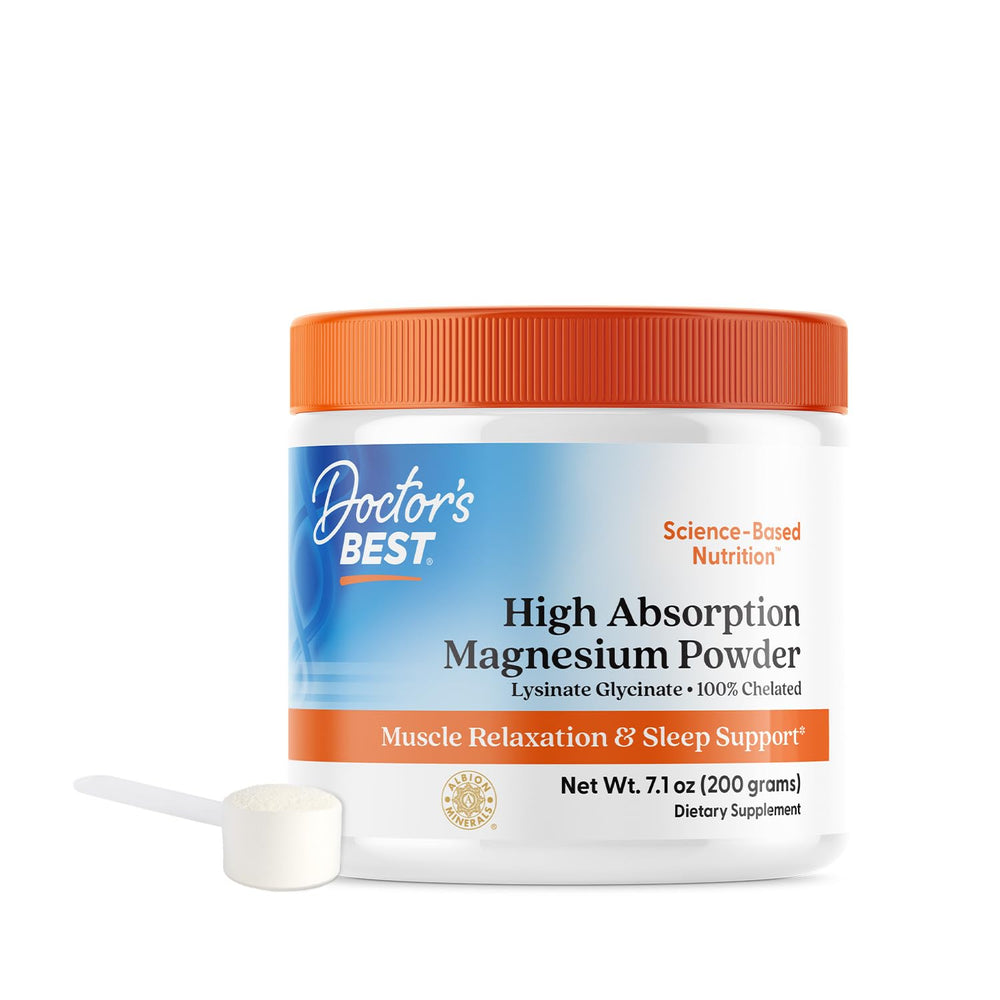 Doctor's Best High Absorption Magnesium Powder bottle showing chelated formula for superior absorption