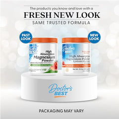 Doctor's Best magnesium powder peach scoop emphasizes convenient daily servings.